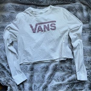 Vans Long Sleeve Cropped White Shirt with Pink Logo